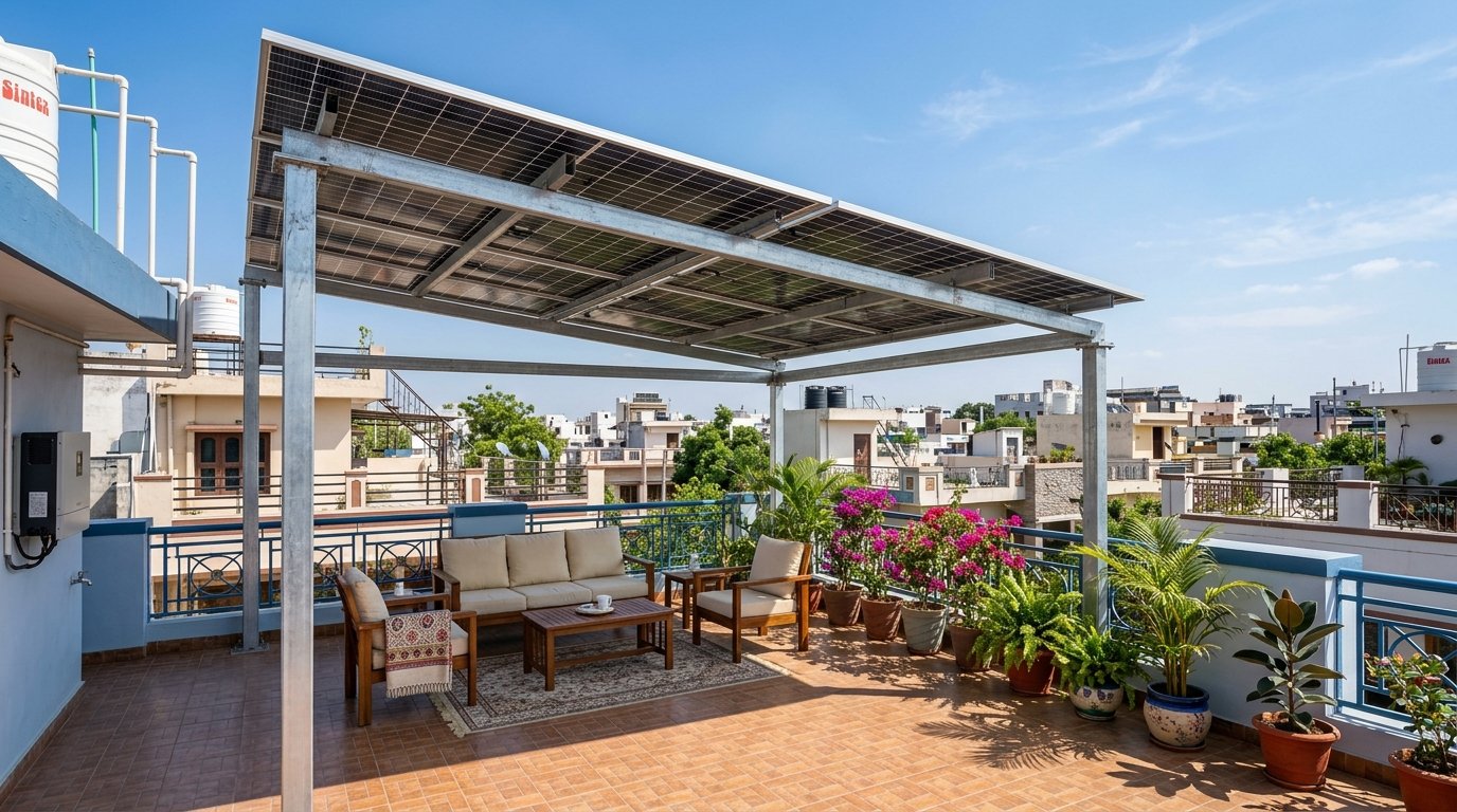 Elevated rooftop solar pergola in Raipur