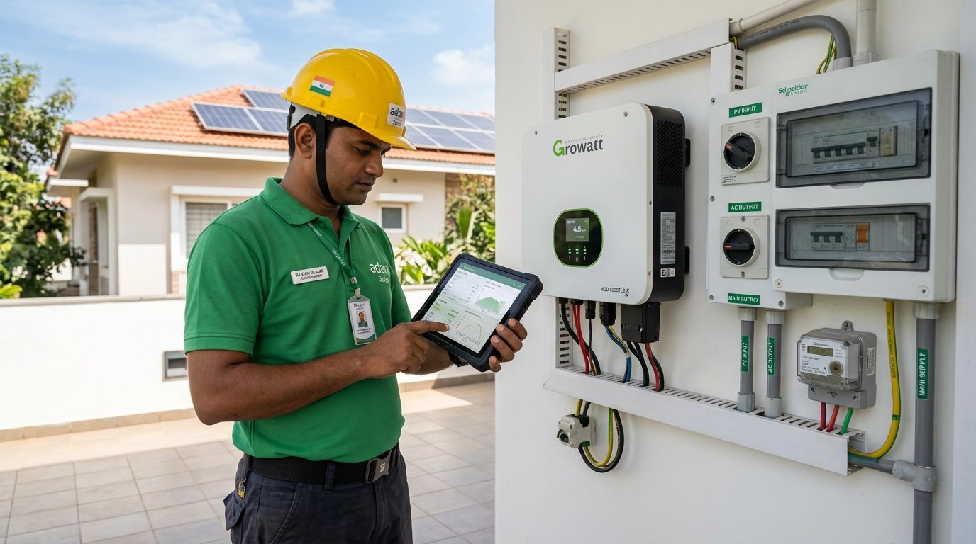 Solar engineer inspecting smart inverter